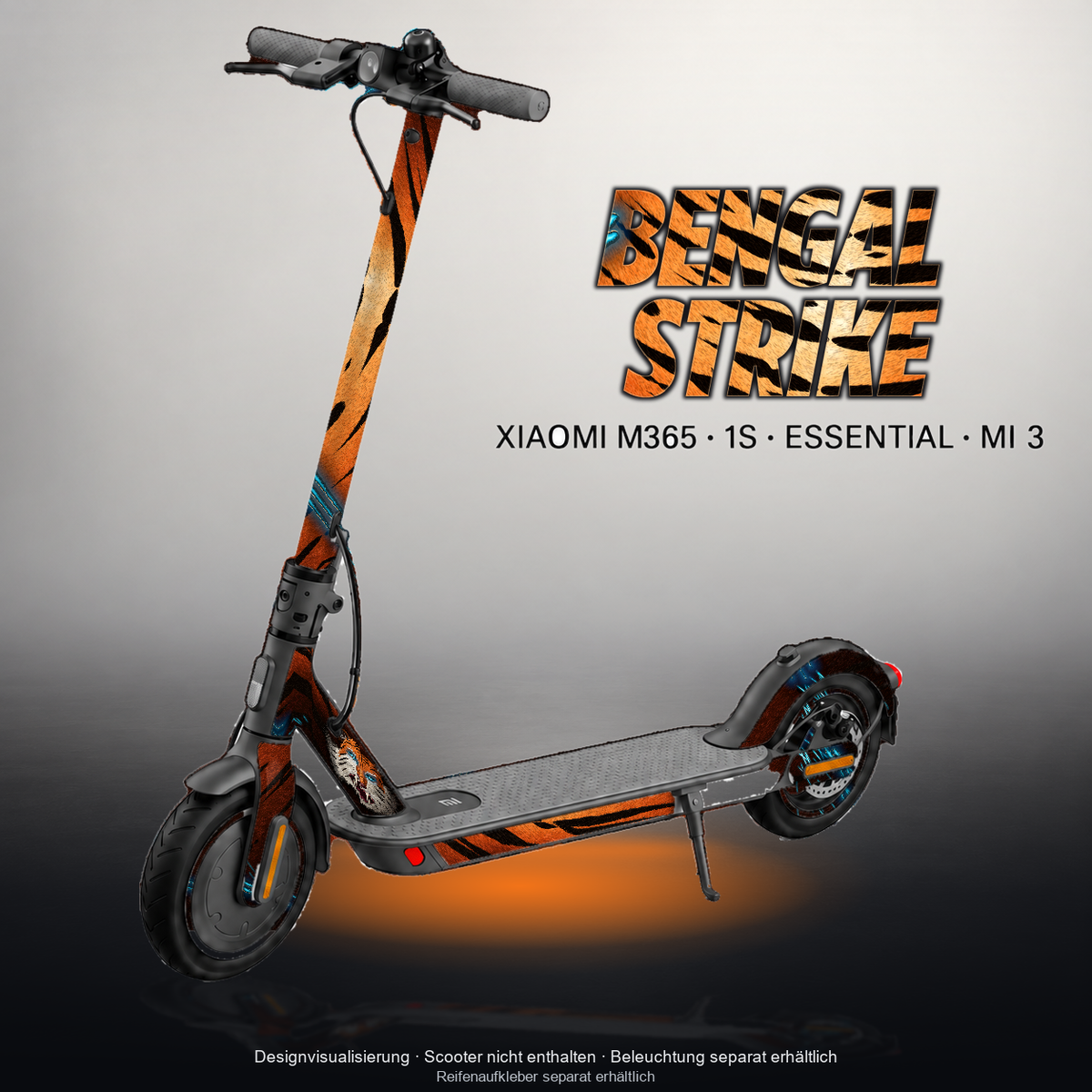 XIAOMI M365 / 1S / ESSENTIAL / MI 3 SKIN | BENGAL STRIKE – Designvisualisierung mit Licht in der Skinfarbe; Scooter nicht enthalten, Beleuchtung separat erhältlich