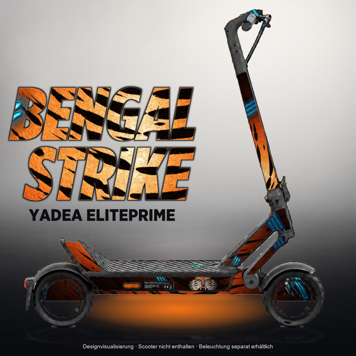 YADEA ELITEPRIME SKIN | BENGAL STRIKE – Designvisualisierung mit Licht in der Skinfarbe; Scooter nicht enthalten, Beleuchtung separat erhältlich