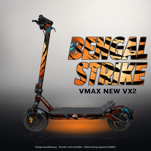 VMAX NEW VX2 SKIN | BENGAL STRIKE – Designvisualisierung mit Licht in der Skinfarbe; Scooter nicht enthalten, Beleuchtung separat erhältlich