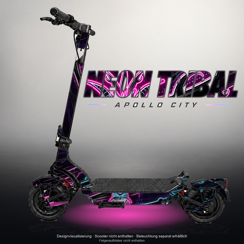APOLLO CITY / CITY PRO (2022–2024) SKIN | NEON TRIBAL – Designvisualisierung mit Licht in der Skinfarbe; Scooter nicht enthalten, Beleuchtung separat erhältlich