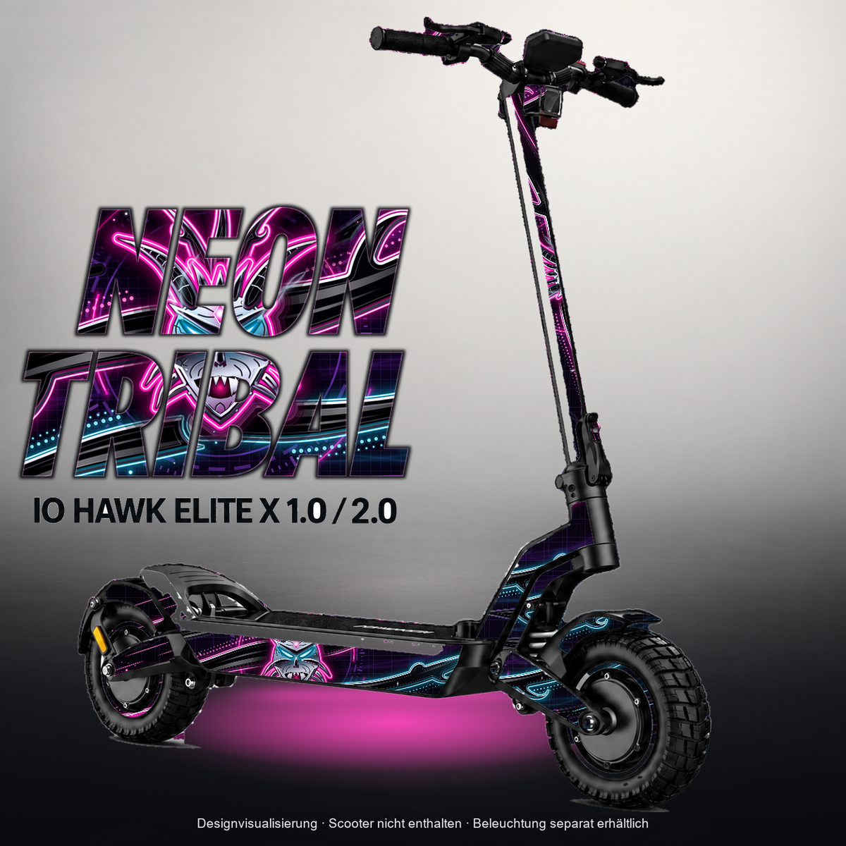 IO HAWK ELITE X 1.0 / 2.0 SKIN | NEON TRIBAL – Designvisualisierung mit Licht in der Skinfarbe; Scooter nicht enthalten, Beleuchtung separat erhältlich