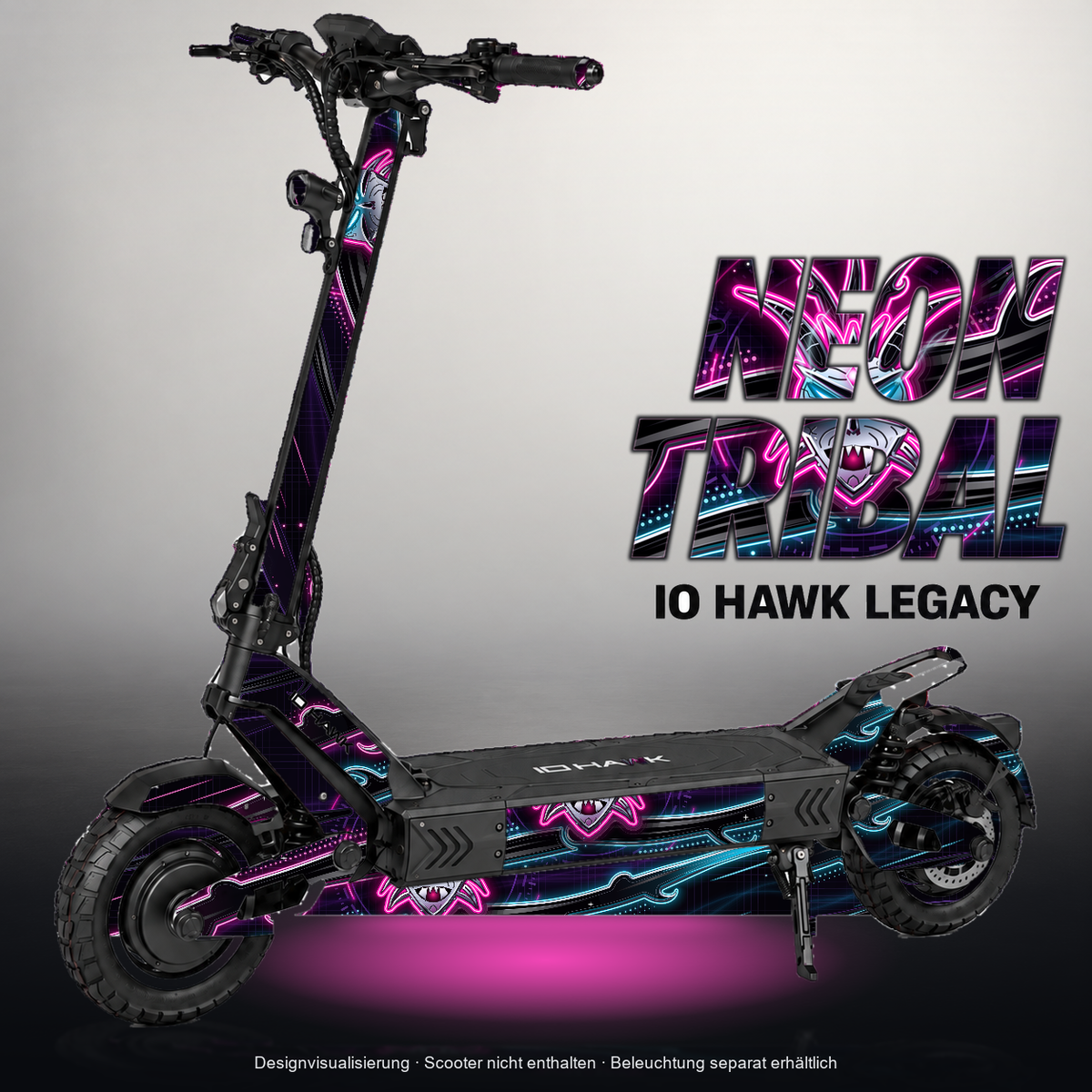 IO HAWK LEGACY SKIN | NEON TRIBAL – Designvisualisierung mit Licht in der Skinfarbe; Scooter nicht enthalten, Beleuchtung separat erhältlich