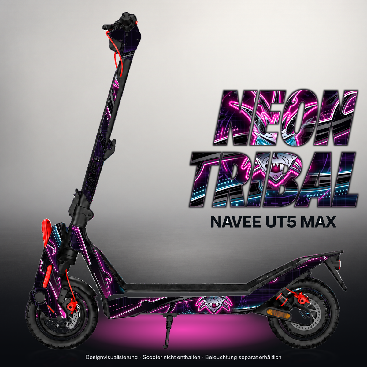 NAVEE UT5 MAX SKIN | NEON TRIBAL – Designvisualisierung mit Licht in der Skinfarbe; Scooter nicht enthalten, Beleuchtung separat erhältlich
