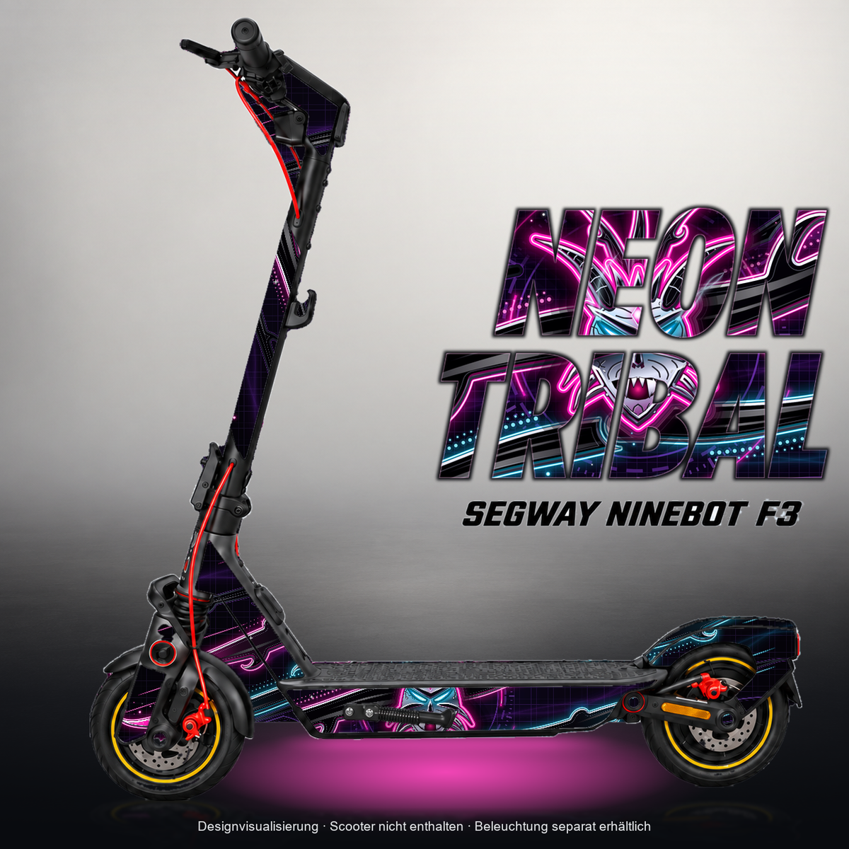 SEGWAY NINEBOT F3 / F3 PRO SKIN | NEON TRIBAL – Designvisualisierung mit Licht in der Skinfarbe; Scooter nicht enthalten, Beleuchtung separat erhältlich
