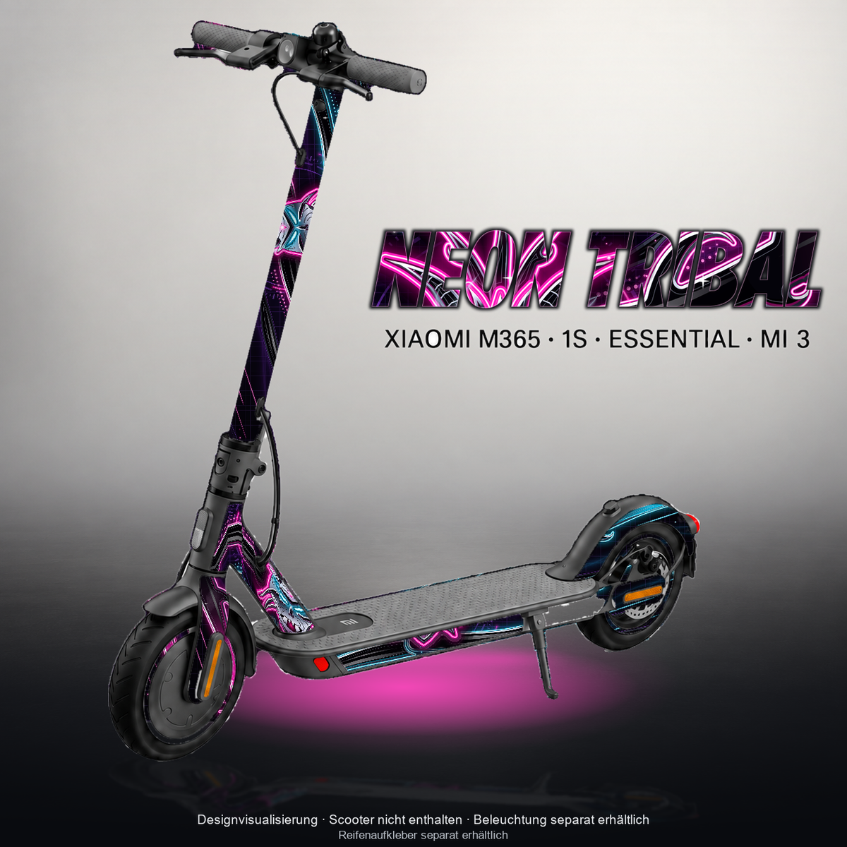 XIAOMI M365 / 1S / ESSENTIAL / MI 3 SKIN | NEON TRIBAL – Designvisualisierung mit Licht in der Skinfarbe; Scooter nicht enthalten, Beleuchtung separat erhältlich