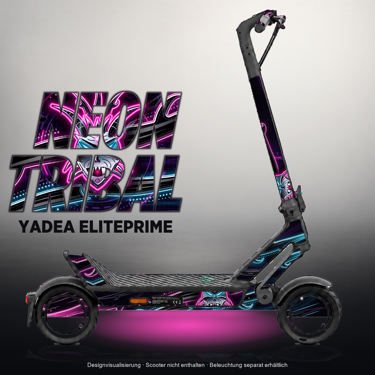 YADEA ELITEPRIME SKIN | NEON TRIBAL – Designvisualisierung mit Licht in der Skinfarbe; Scooter nicht enthalten, Beleuchtung separat erhältlich