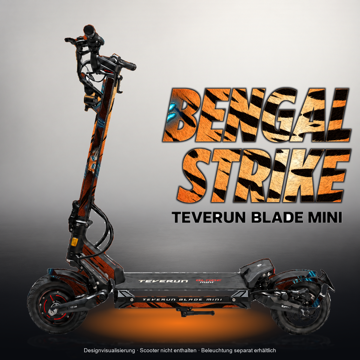 TEVERUN BLADE MINI / PRO / ULTRA SKIN | BENGAL STRIKE – Designvisualisierung mit Licht in der Skinfarbe; Scooter nicht enthalten, Beleuchtung separat erhältlich