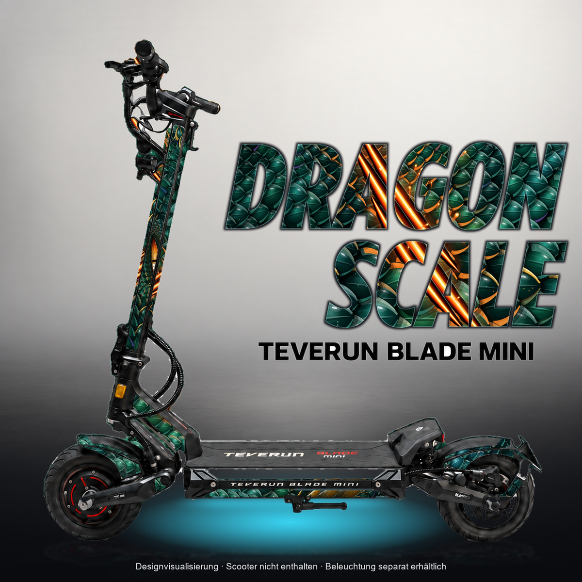 TEVERUN BLADE MINI / PRO / ULTRA SKIN | DRAGON SCALE – Designvisualisierung mit Licht in der Skinfarbe; Scooter nicht enthalten, Beleuchtung separat erhältlich