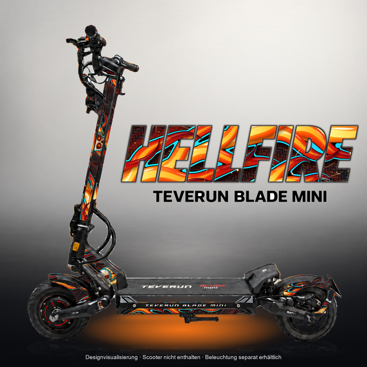 TEVERUN BLADE MINI / PRO / ULTRA SKIN | HELLFIRE – Designvisualisierung mit Licht in der Skinfarbe; Scooter nicht enthalten, Beleuchtung separat erhältlich