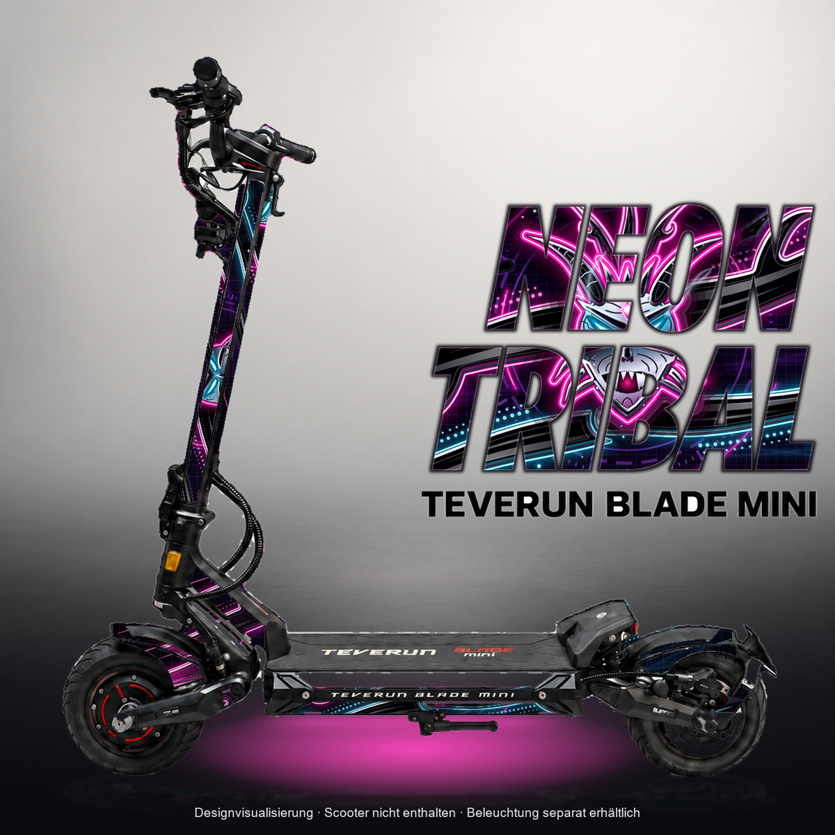 TEVERUN BLADE MINI / PRO / ULTRA SKIN | NEON TRIBAL – Designvisualisierung mit Licht in der Skinfarbe; Scooter nicht enthalten, Beleuchtung separat erhältlich