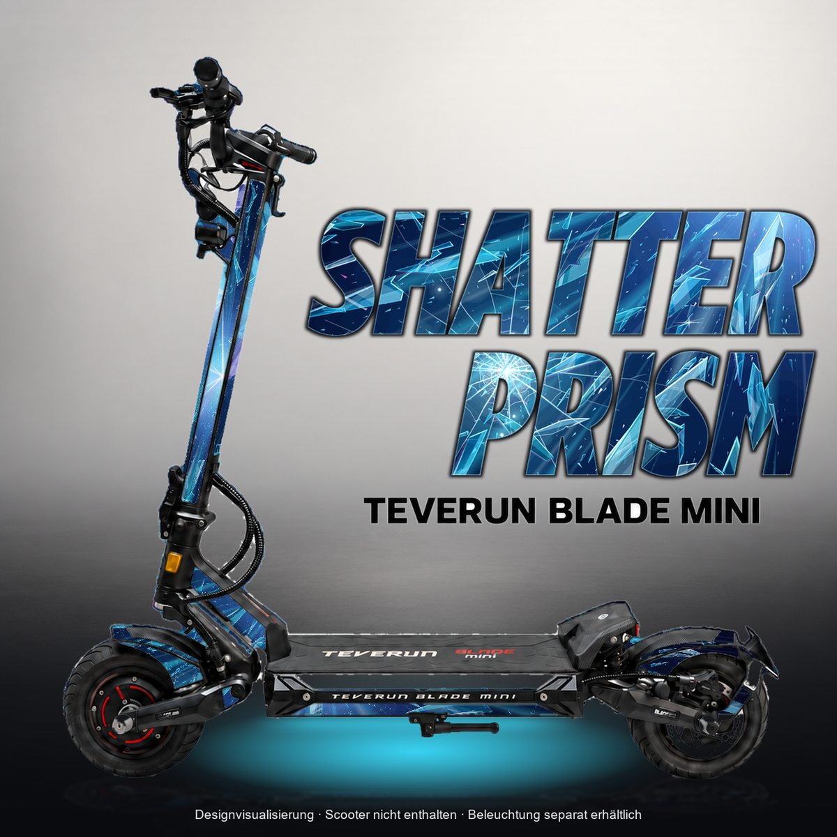 TEVERUN BLADE MINI / PRO / ULTRA SKIN | SHATTER PRISM – Designvisualisierung mit Licht in der Skinfarbe; Scooter nicht enthalten, Beleuchtung separat erhältlich