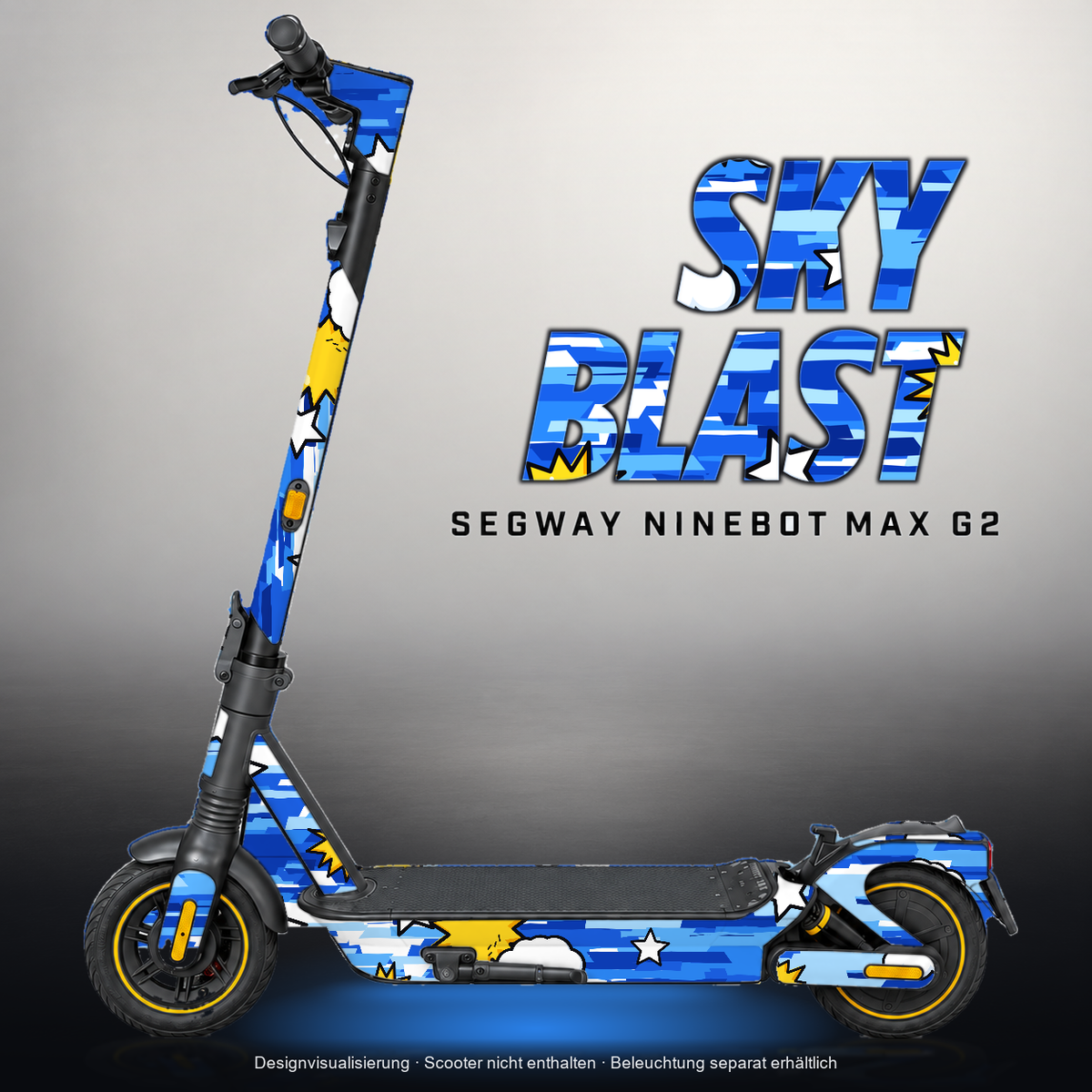 SEGWAY NINEBOT G2 MAX SKIN | SKY BLAST – Designvisualisierung mit Licht in der Skinfarbe; Scooter nicht enthalten, Beleuchtung separat erhältlich