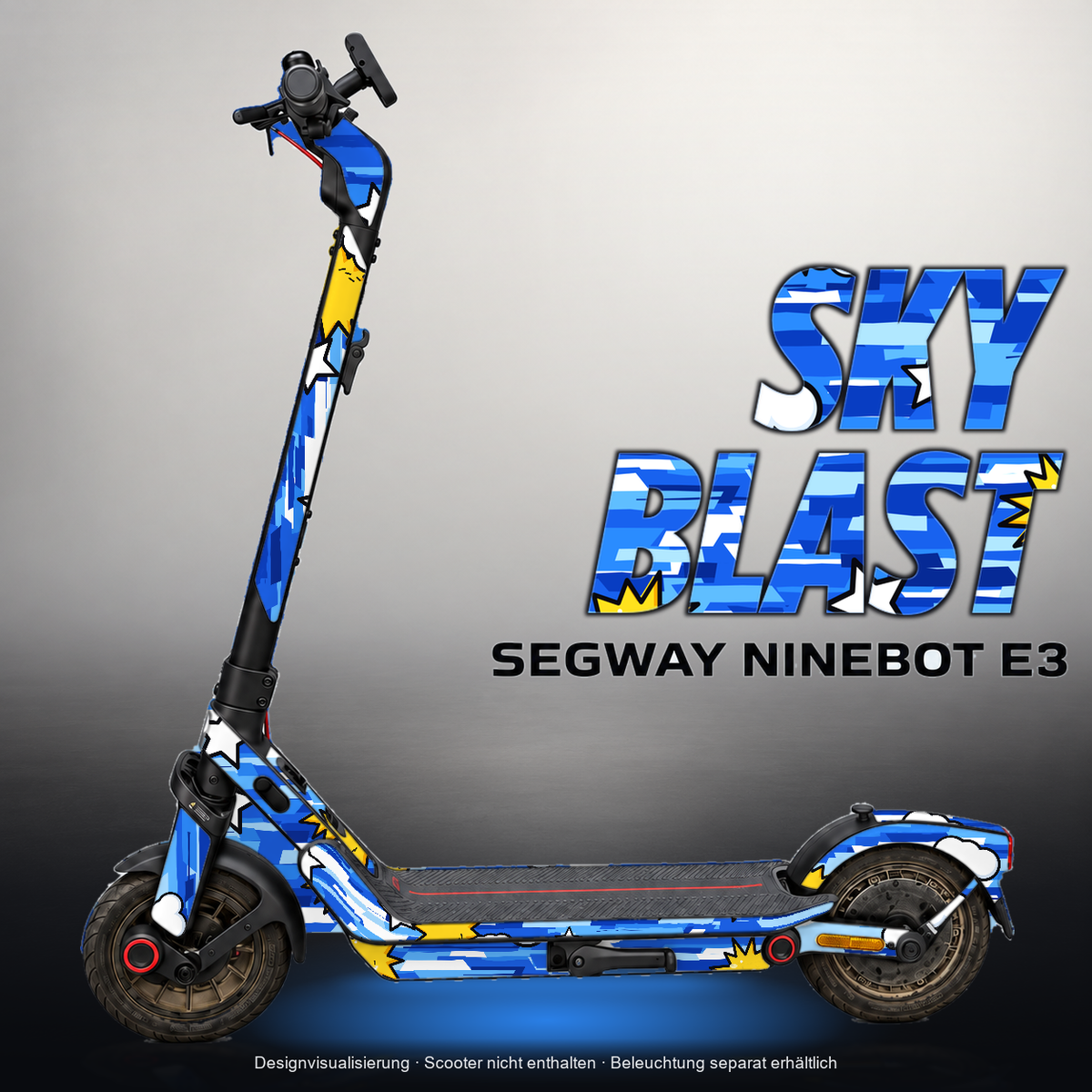 SEGWAY NINEBOT E3 / E3 PRO SKIN | SKY BLAST – Designvisualisierung mit Licht in der Skinfarbe; Scooter nicht enthalten, Beleuchtung separat erhältlich