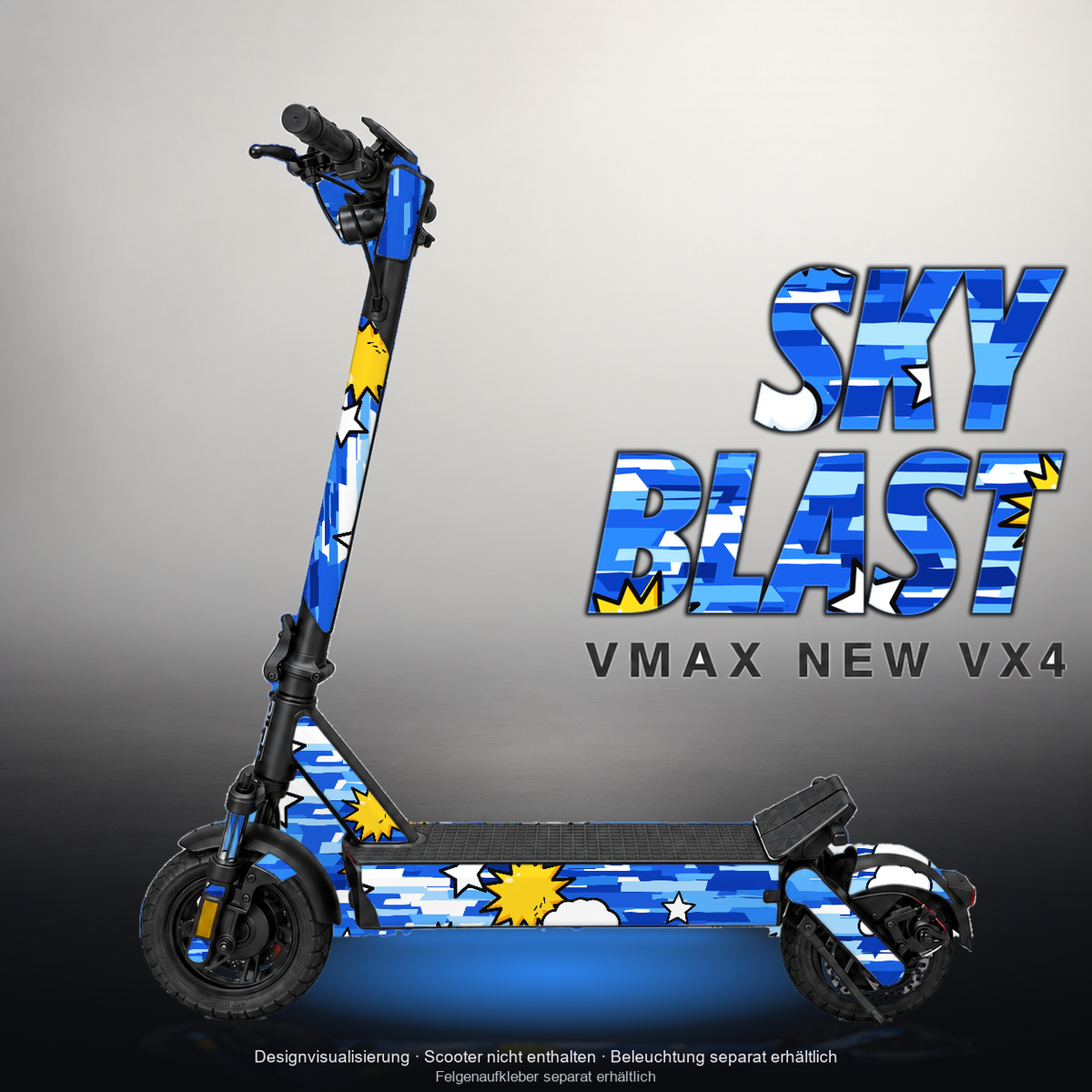 VMAX NEW VX4 SKIN | SKY BLAST – Designvisualisierung mit Licht in der Skinfarbe; Scooter nicht enthalten, Beleuchtung separat erhältlich