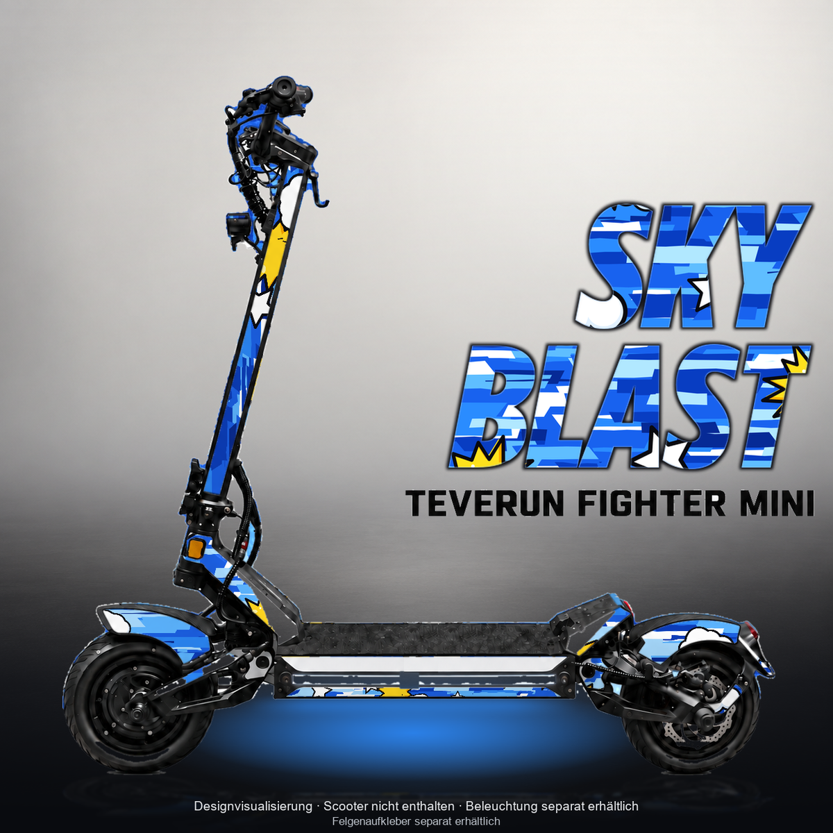 TEVERUN FIGHTER MINI / PRO SKIN | SKY BLAST – Designvisualisierung mit Licht in der Skinfarbe; Scooter nicht enthalten, Beleuchtung separat erhältlich