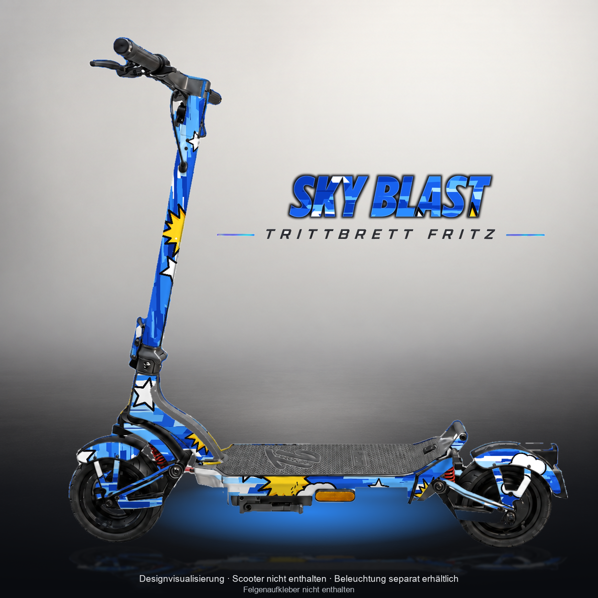 TRITTBRETT FRITZ SKIN | SKY BLAST – Designvisualisierung mit Licht in der Skinfarbe; Scooter nicht enthalten, Beleuchtung separat erhältlich