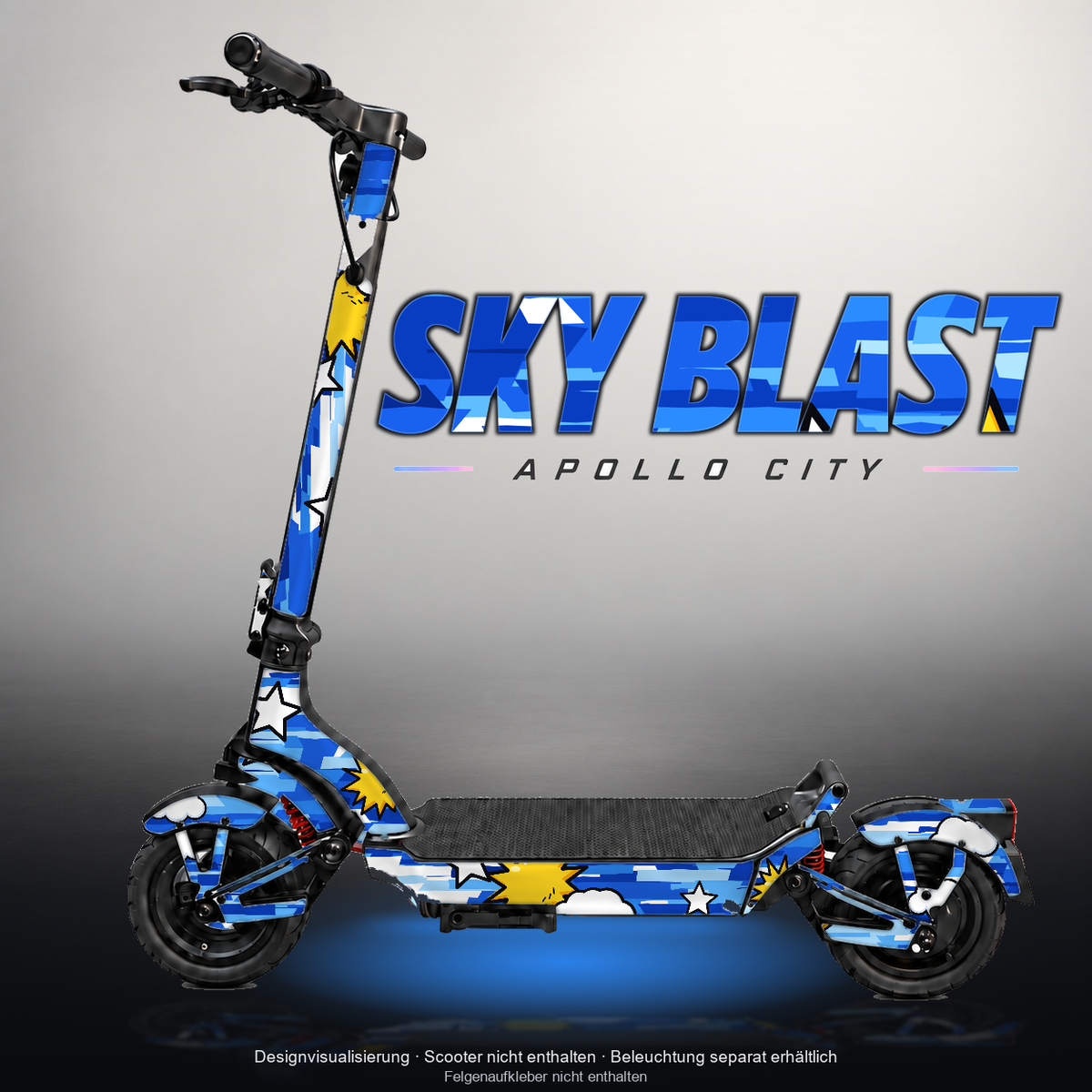 APOLLO CITY / CITY PRO (2022–2024) SKIN | SKY BLAST – Designvisualisierung mit Licht in der Skinfarbe; Scooter nicht enthalten, Beleuchtung separat erhältlich