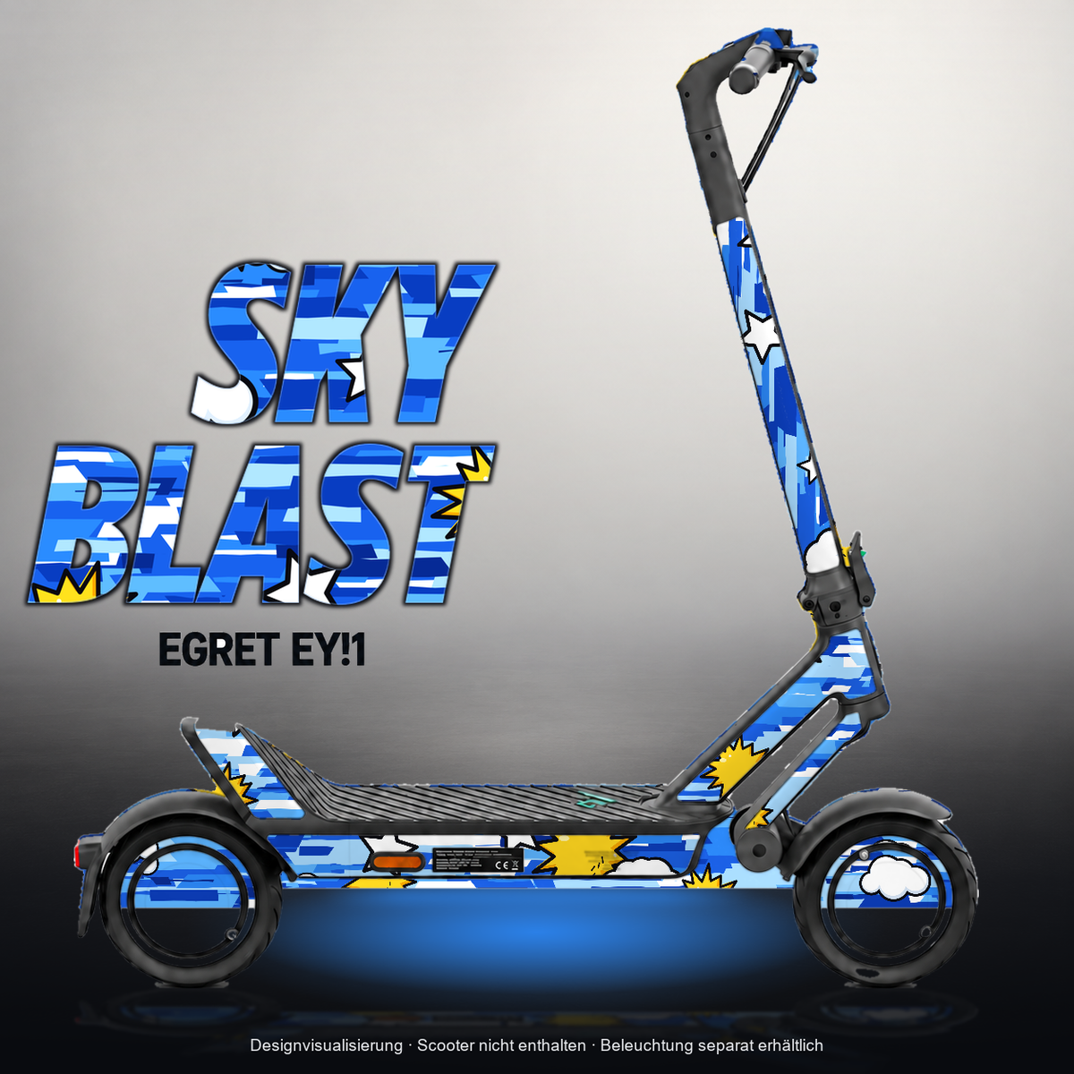 EGRET EY!1 SKIN | SKY BLAST – Designvisualisierung mit Licht in der Skinfarbe; Scooter nicht enthalten, Beleuchtung separat erhältlich