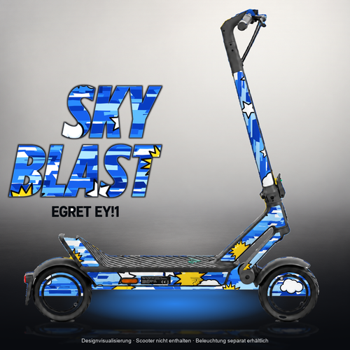 EGRET EY!1 SKIN | SKY BLAST – Designvisualisierung mit Licht in der Skinfarbe; Scooter nicht enthalten, Beleuchtung separat erhältlich