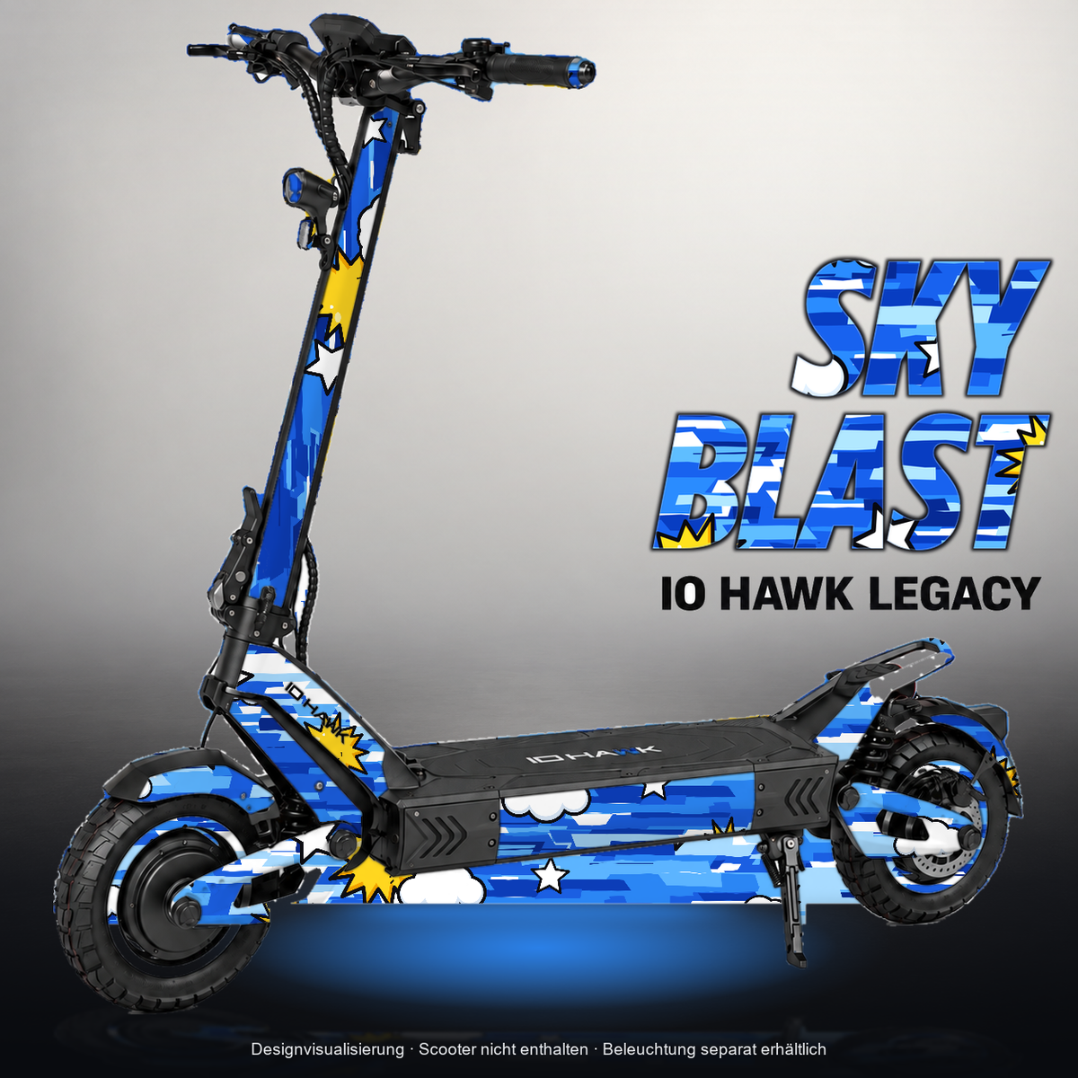 IO HAWK LEGACY SKIN | SKY BLAST – Designvisualisierung mit Licht in der Skinfarbe; Scooter nicht enthalten, Beleuchtung separat erhältlich