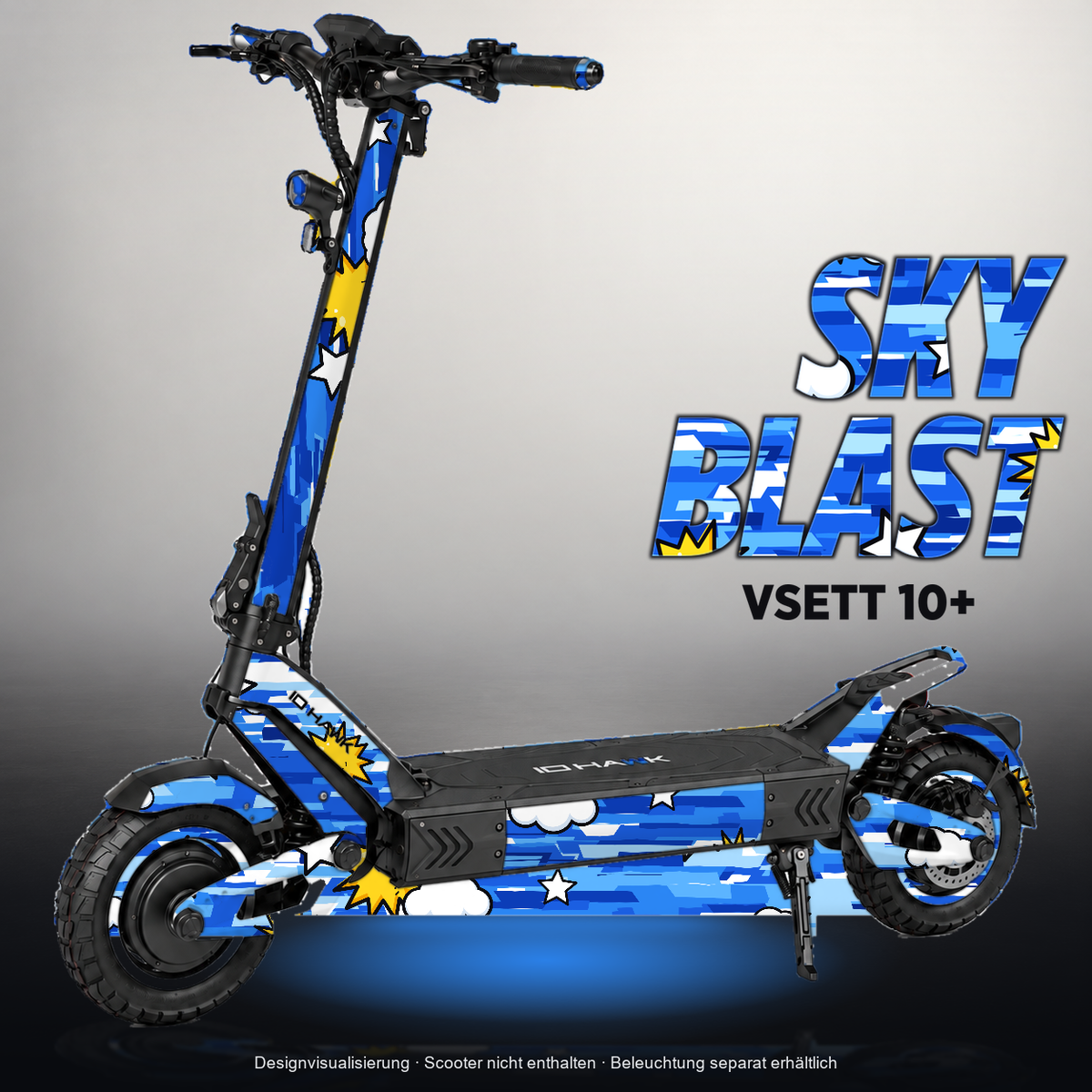VSETT 10+ SKIN | SKY BLAST – Designvisualisierung mit Licht in der Skinfarbe; Scooter nicht enthalten, Beleuchtung separat erhältlich