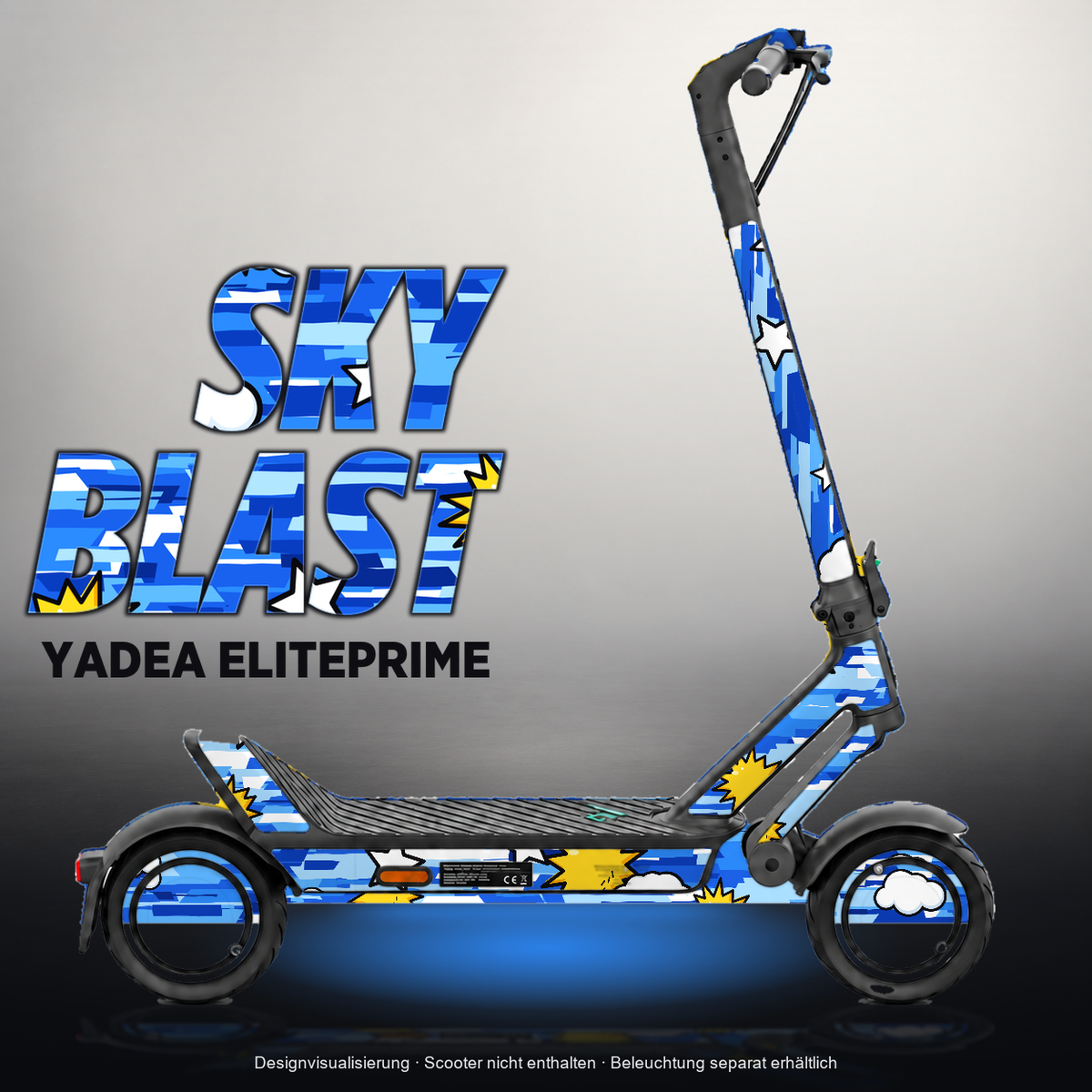 YADEA ELITEPRIME SKIN | SKY BLAST – Designvisualisierung mit Licht in der Skinfarbe; Scooter nicht enthalten, Beleuchtung separat erhältlich