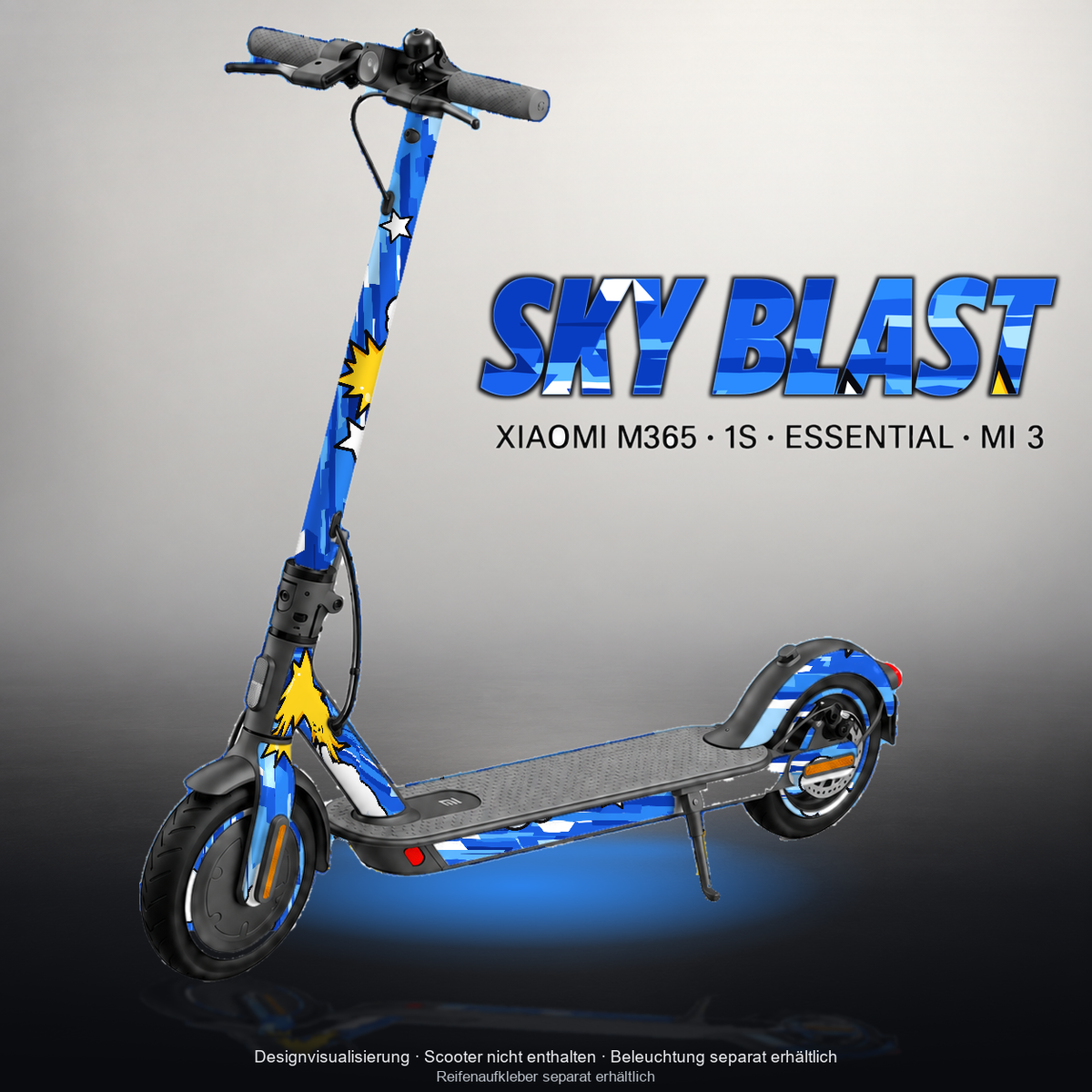 XIAOMI M365 / 1S / ESSENTIAL / MI 3 SKIN | SKY BLAST – Designvisualisierung mit Licht in der Skinfarbe; Scooter nicht enthalten, Beleuchtung separat erhältlich