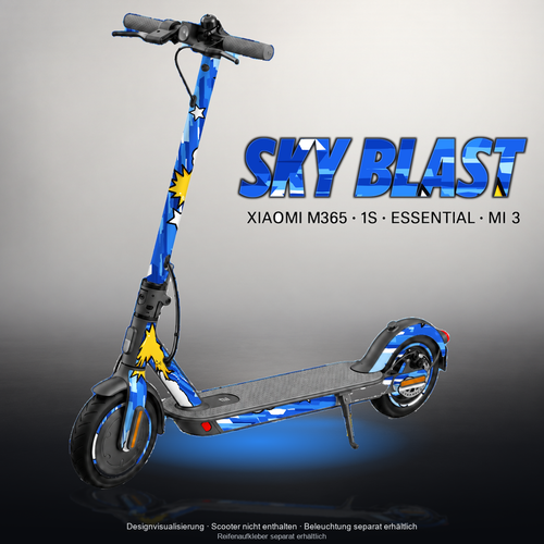 XIAOMI M365 / 1S / ESSENTIAL / MI 3 SKIN | SKY BLAST – Designvisualisierung mit Licht in der Skinfarbe; Scooter nicht enthalten, Beleuchtung separat erhältlich