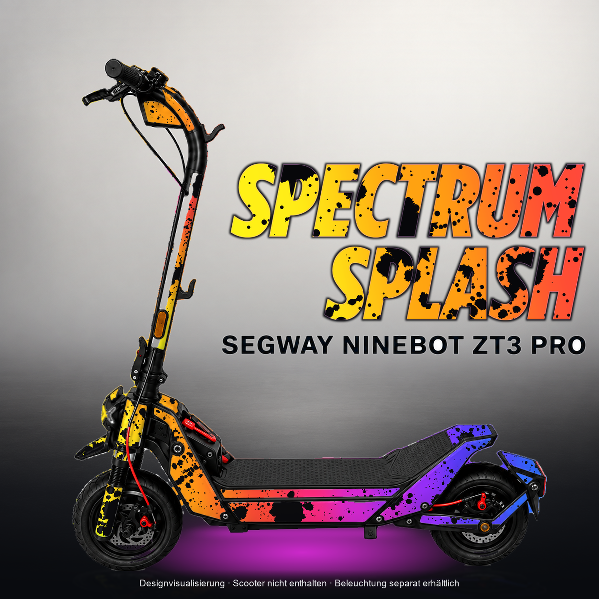 SEGWAY NINEBOT ZT3 PRO / ZT3 PRO D SKIN | SPECTRUM SPLASH – Designvisualisierung mit Licht in der Skinfarbe; Scooter nicht enthalten, Beleuchtung separat erhältlich