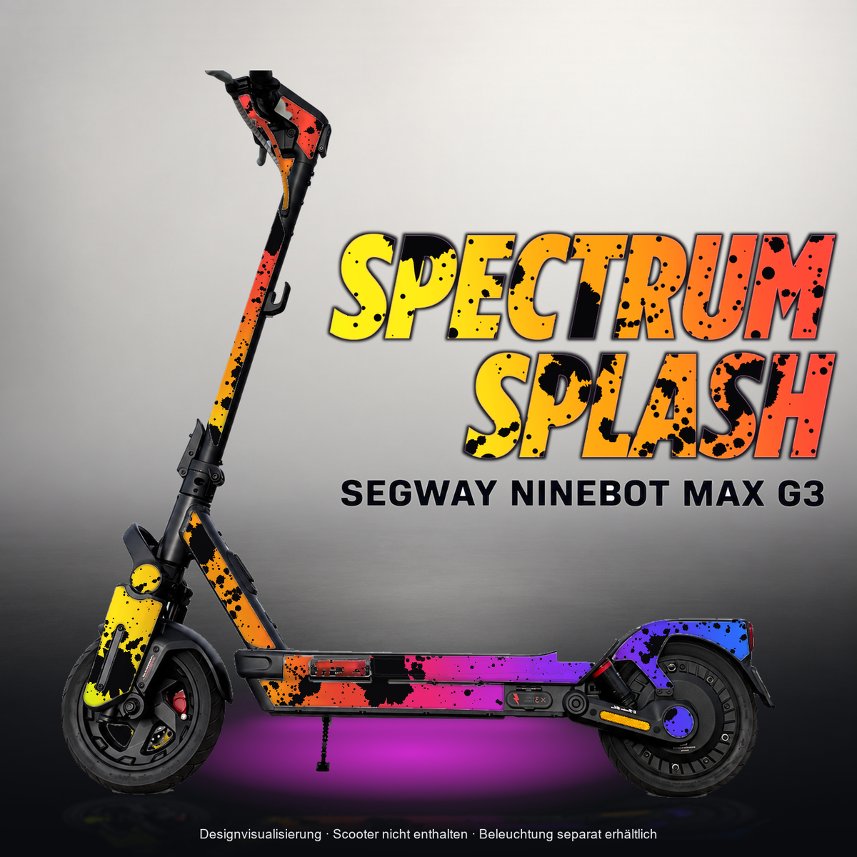 SEGWAY NINEBOT G3 / G3 D / G3 E SKIN | SPECTRUM SPLASH – Designvisualisierung mit Licht in der Skinfarbe; Scooter nicht enthalten, Beleuchtung separat erhältlich