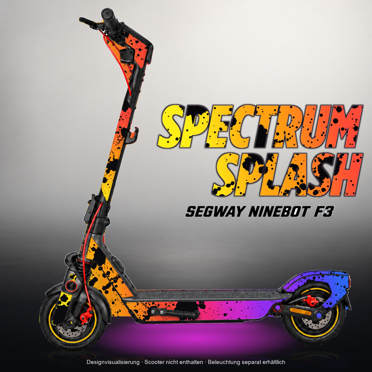 SEGWAY NINEBOT F3 / F3 PRO SKIN | SPECTRUM SPLASH – Designvisualisierung mit Licht in der Skinfarbe; Scooter nicht enthalten, Beleuchtung separat erhältlich