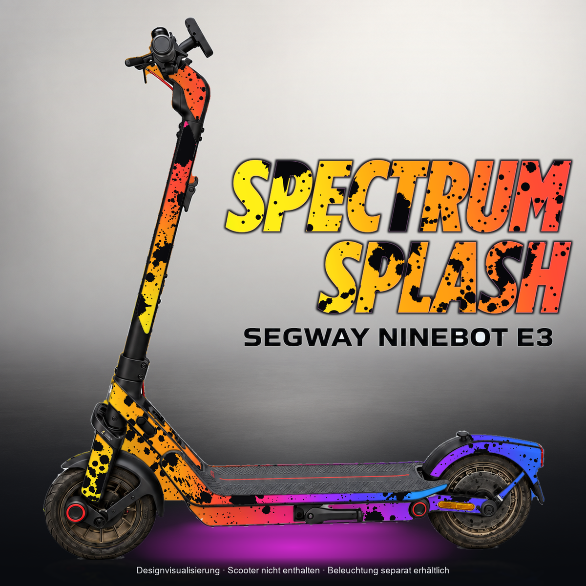 SEGWAY NINEBOT E3 / E3 PRO SKIN | SPECTRUM SPLASH – Designvisualisierung mit Licht in der Skinfarbe; Scooter nicht enthalten, Beleuchtung separat erhältlich