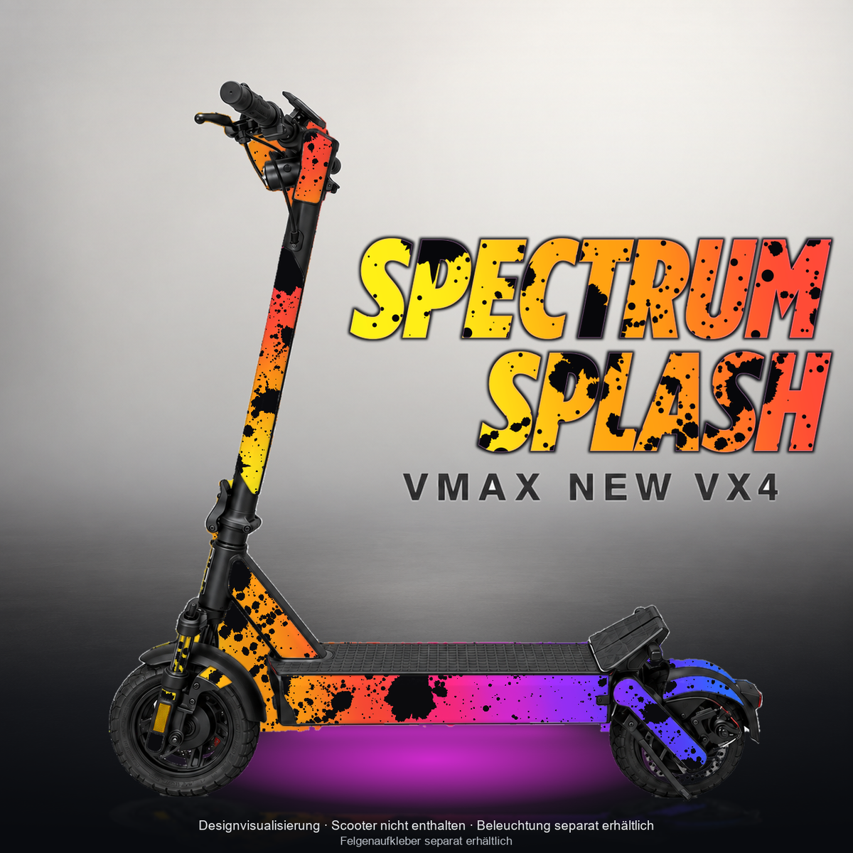 VMAX NEW VX4 SKIN | SPECTRUM SPLASH – Designvisualisierung mit Licht in der Skinfarbe; Scooter nicht enthalten, Beleuchtung separat erhältlich