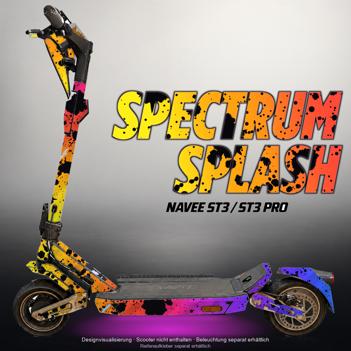 NAVEE ST3 / ST3 PRO SKIN | SPECTRUM SPLASH – Designvisualisierung mit Licht in der Skinfarbe; Scooter nicht enthalten, Beleuchtung separat erhältlich