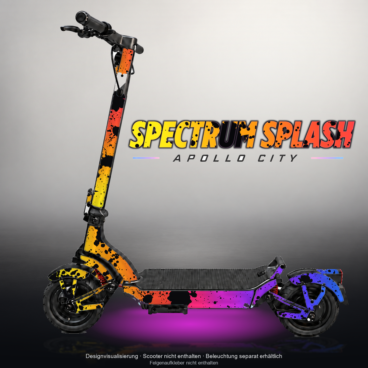 APOLLO CITY / CITY PRO (2022–2024) SKIN | SPECTRUM SPLASH – Designvisualisierung mit Licht in der Skinfarbe; Scooter nicht enthalten, Beleuchtung separat erhältlich