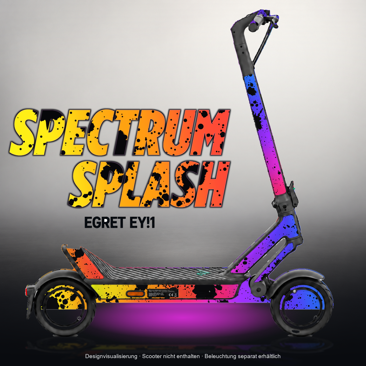 EGRET EY!1 SKIN | SPECTRUM SPLASH – Designvisualisierung mit Licht in der Skinfarbe; Scooter nicht enthalten, Beleuchtung separat erhältlich