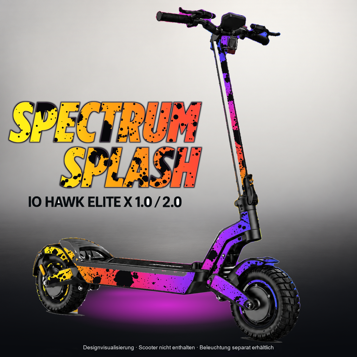 IO HAWK ELITE X 1.0 / 2.0 SKIN | SPECTRUM SPLASH – Designvisualisierung mit Licht in der Skinfarbe; Scooter nicht enthalten, Beleuchtung separat erhältlich