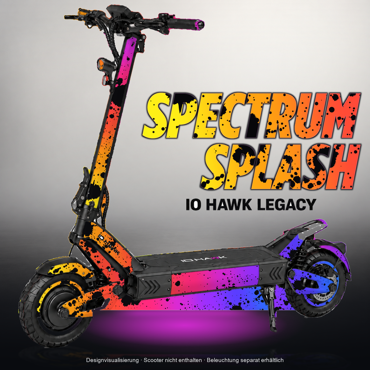 IO HAWK LEGACY SKIN | SPECTRUM SPLASH – Designvisualisierung mit Licht in der Skinfarbe; Scooter nicht enthalten, Beleuchtung separat erhältlich