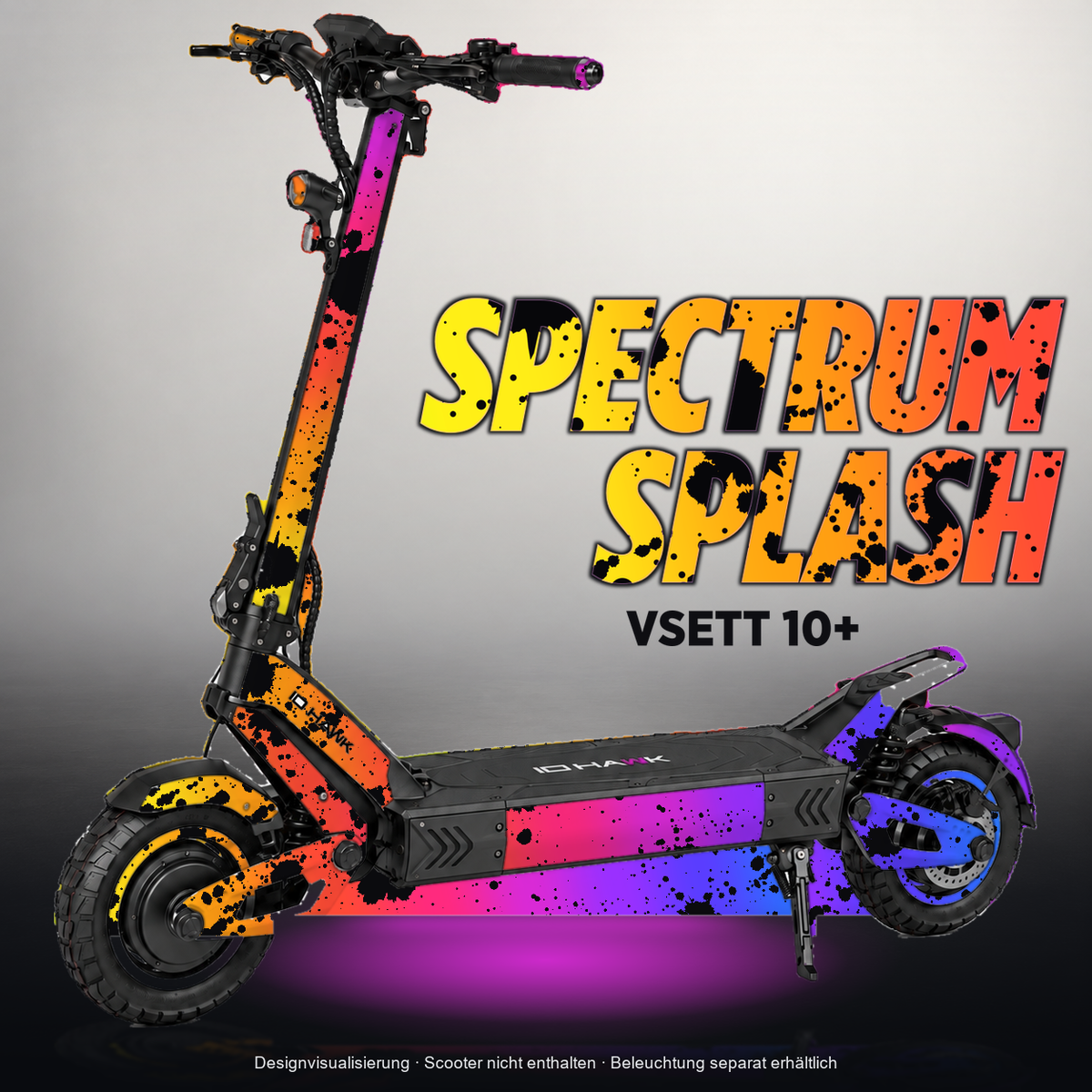 VSETT 10+ SKIN | SPECTRUM SPLASH – Designvisualisierung mit Licht in der Skinfarbe; Scooter nicht enthalten, Beleuchtung separat erhältlich