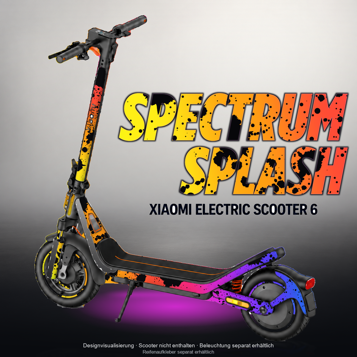XIAOMI ELECTRIC SCOOTER 6 SKIN | SPECTRUM SPLASH – Designvisualisierung mit Licht in der Skinfarbe; Scooter nicht enthalten, Beleuchtung separat erhältlich
