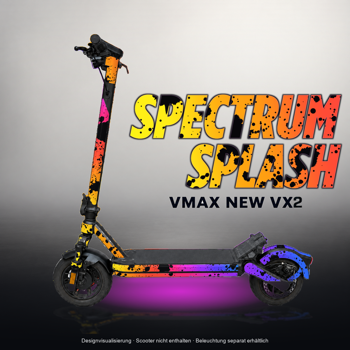 VMAX NEW VX2 SKIN | SPECTRUM SPLASH – Designvisualisierung mit Licht in der Skinfarbe; Scooter nicht enthalten, Beleuchtung separat erhältlich