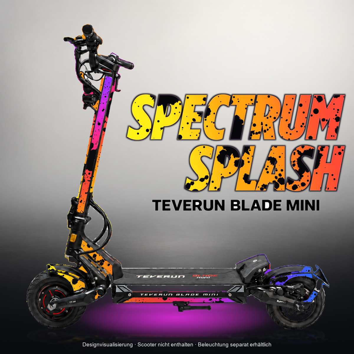 TEVERUN BLADE MINI / PRO / ULTRA SKIN | SPECTRUM SPLASH – Designvisualisierung mit Licht in der Skinfarbe; Scooter nicht enthalten, Beleuchtung separat erhältlich