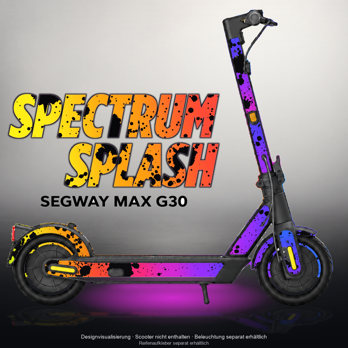 SEGWAY MAX G30 SKIN | SPECTRUM SPLASH – Designvisualisierung mit Licht in der Skinfarbe; Scooter nicht enthalten, Beleuchtung separat erhältlich