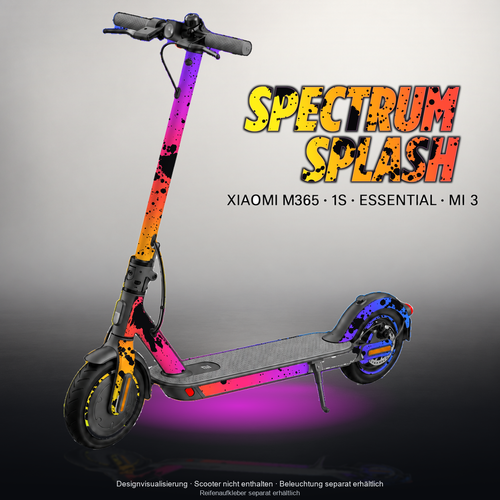 XIAOMI M365 / 1S / ESSENTIAL / MI 3 SKIN | SPECTRUM SPLASH – Designvisualisierung mit Licht in der Skinfarbe; Scooter nicht enthalten, Beleuchtung separat erhältlich