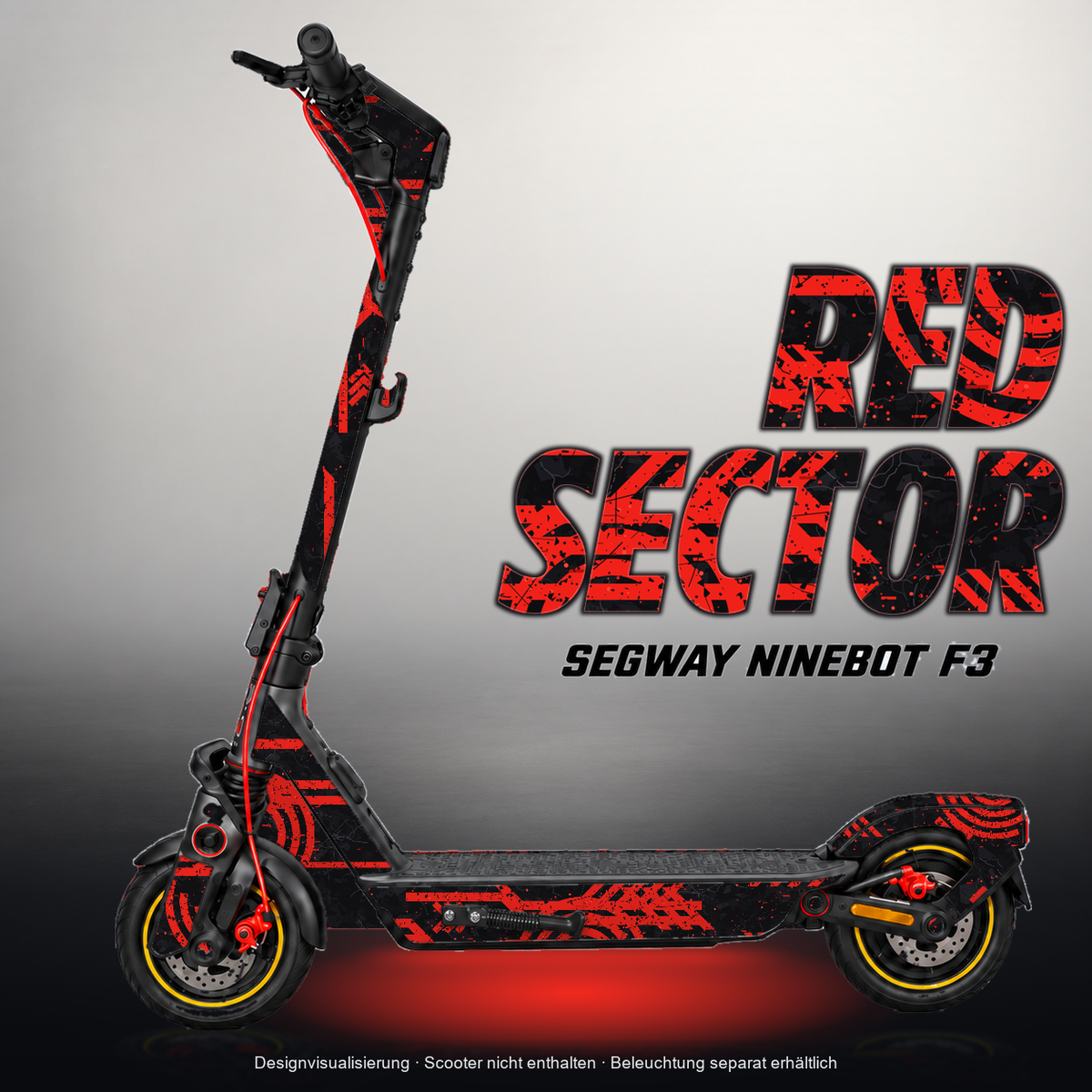 SEGWAY NINEBOT F3 / F3 PRO SKIN | RED SECTOR – Designvisualisierung mit Licht in der Skinfarbe; Scooter nicht enthalten, Beleuchtung separat erhältlich