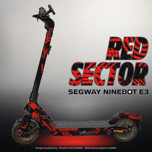 SEGWAY NINEBOT E3 / E3 PRO SKIN | RED SECTOR – Designvisualisierung mit Licht in der Skinfarbe; Scooter nicht enthalten, Beleuchtung separat erhältlich