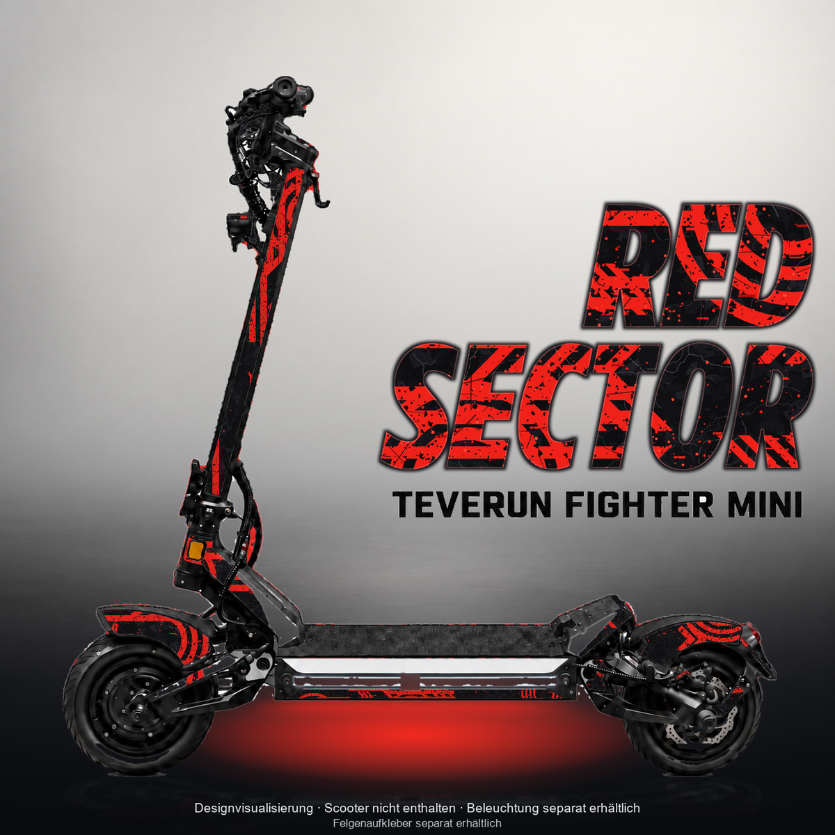 TEVERUN FIGHTER MINI / PRO SKIN | RED SECTOR – Designvisualisierung mit Licht in der Skinfarbe; Scooter nicht enthalten, Beleuchtung separat erhältlich