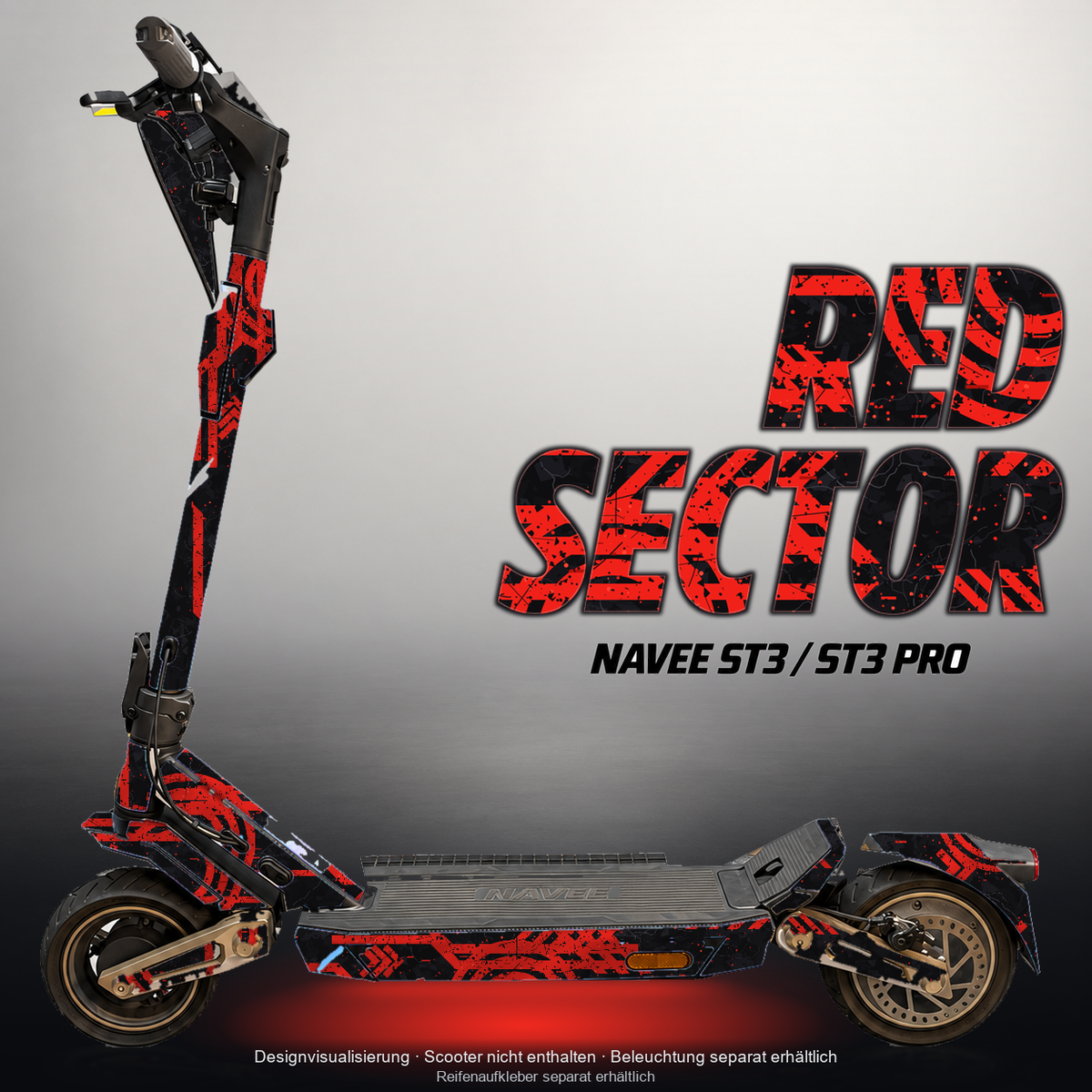 NAVEE ST3 / ST3 PRO SKIN | RED SECTOR – Designvisualisierung mit Licht in der Skinfarbe; Scooter nicht enthalten, Beleuchtung separat erhältlich