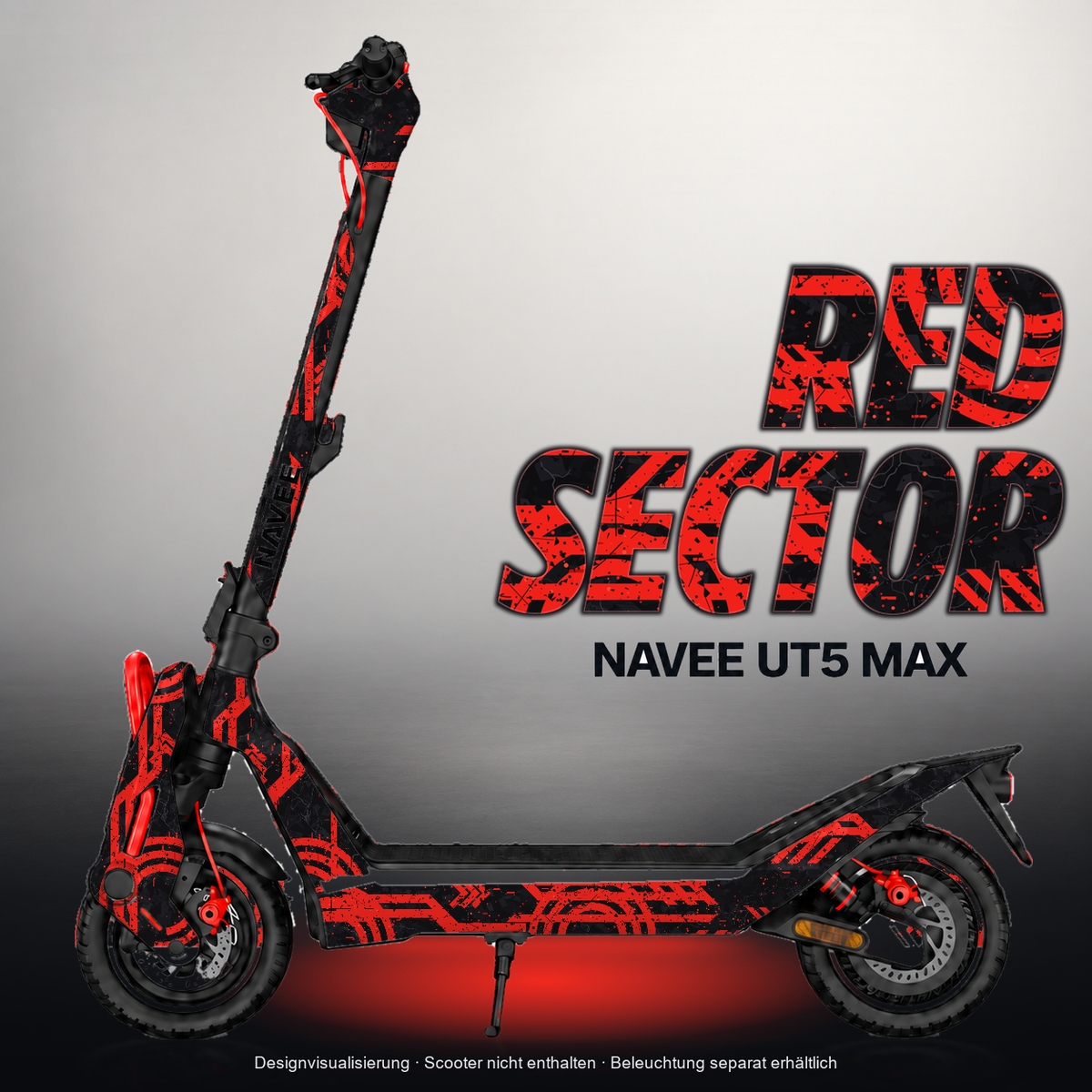NAVEE UT5 MAX SKIN | RED SECTOR – Designvisualisierung mit Licht in der Skinfarbe; Scooter nicht enthalten, Beleuchtung separat erhältlich