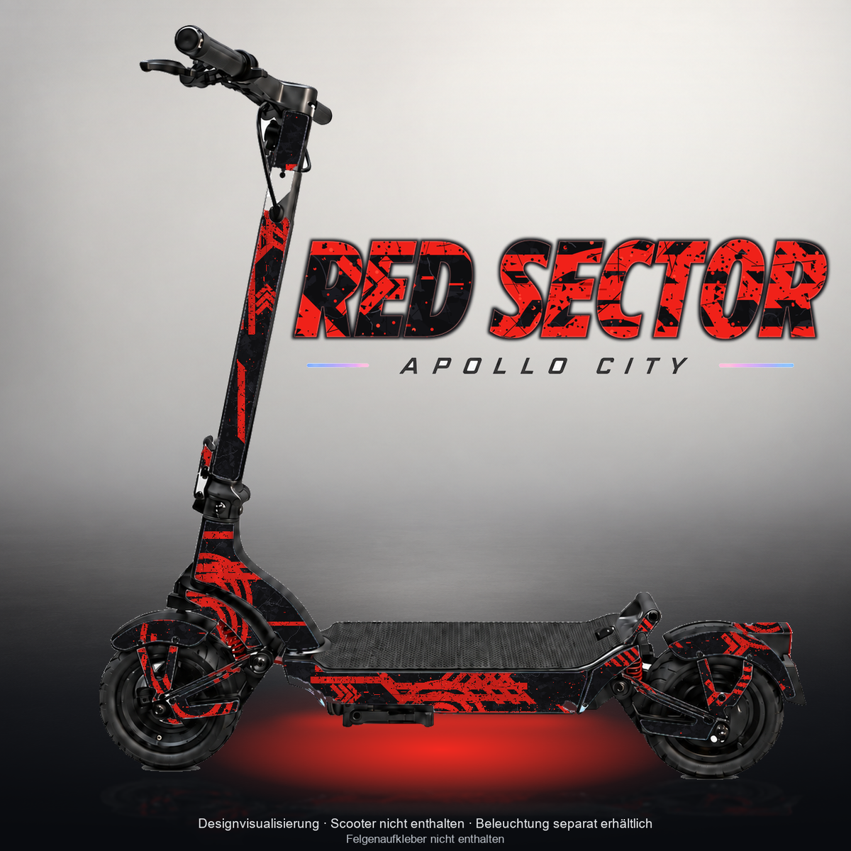 APOLLO CITY / CITY PRO (2022–2024) SKIN | RED SECTOR – Designvisualisierung mit Licht in der Skinfarbe; Scooter nicht enthalten, Beleuchtung separat erhältlich
